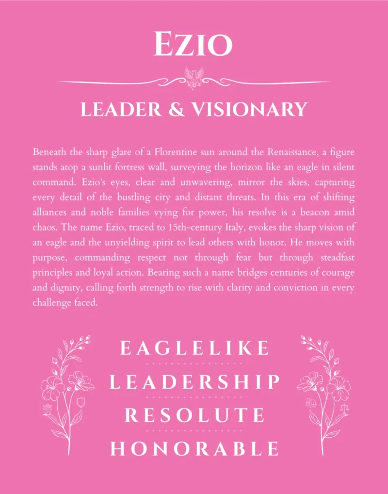 Ezio custom name art showing meaning and origin in pink