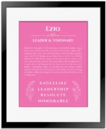 Ezio custom name art showing meaning and origin in pink with black matte frame