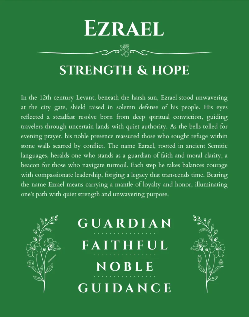 Ezrael personalized name art with origin story in dark green