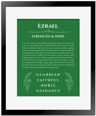 Ezrael personalized name art with origin story in dark green with black matte frame