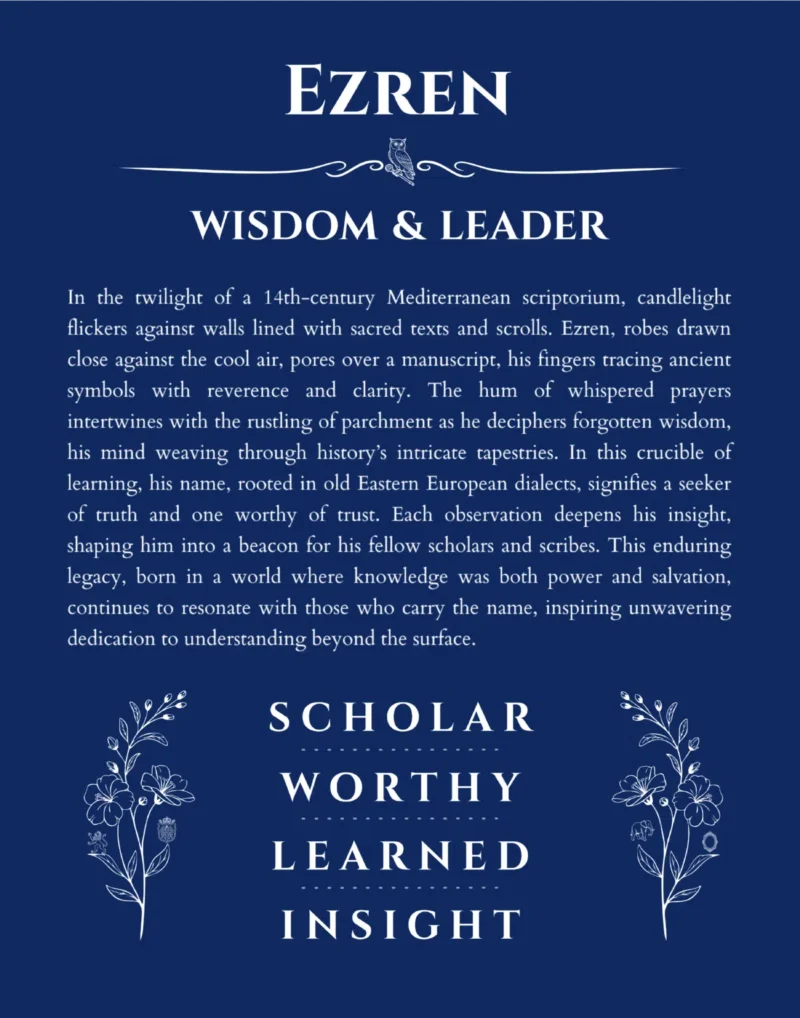 Ezren name origin print with meaning and traits in deep blue
