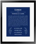 Ezren name origin print with meaning and traits in deep blue with black matte frame