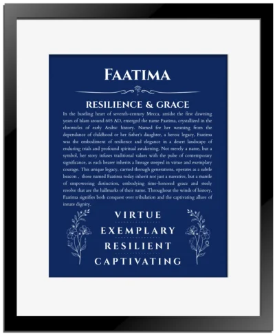 Faatima name meaning wall art by Get Your Story in deep blue with black matte frame