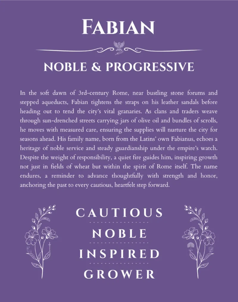 Fabian personalized name print with origin and traits in purple