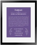 Fabian personalized name print with origin and traits in purple with black matte frame