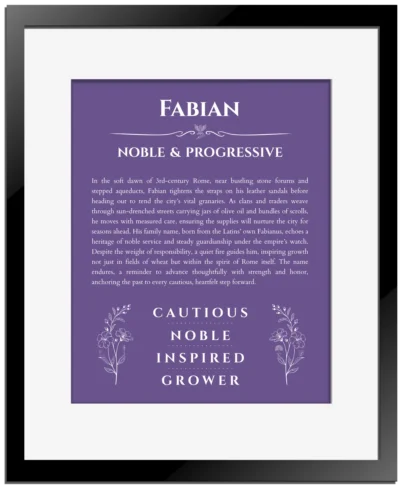 Fabian personalized name print with origin and traits in purple with black matte frame
