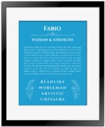 Fabio personalized wall art with the story of your name in blue with black matte frame