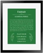 Fahad custom name print for wall display in dark green with black matte frame