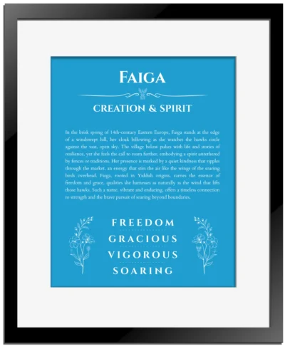 Faiga custom name art showing meaning and origin in blue with black matte frame