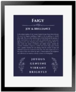 Faigy custom name art showing meaning and origin in navy blue with black matte frame