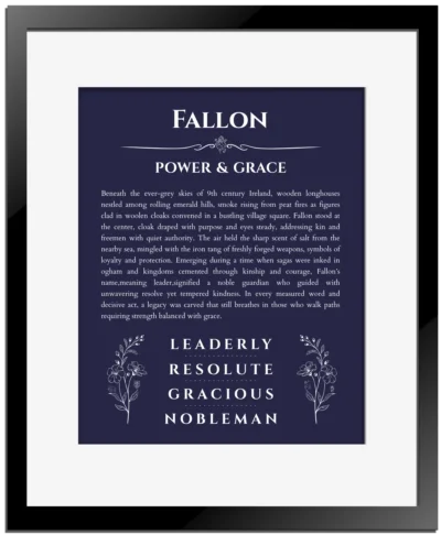 Fallon name meaning gift print in navy blue with black matte frame