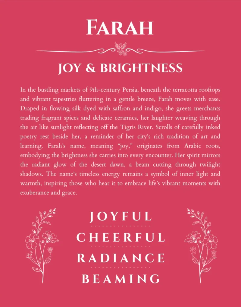 Farah personalized name art with origin story in red