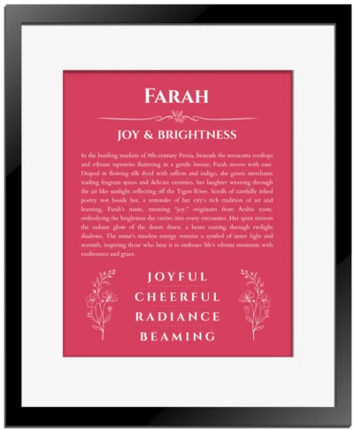 Farah personalized name art with origin story in red with black matte frame