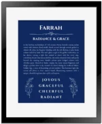 Farrah custom name meaning print in deep blue with black matte frame