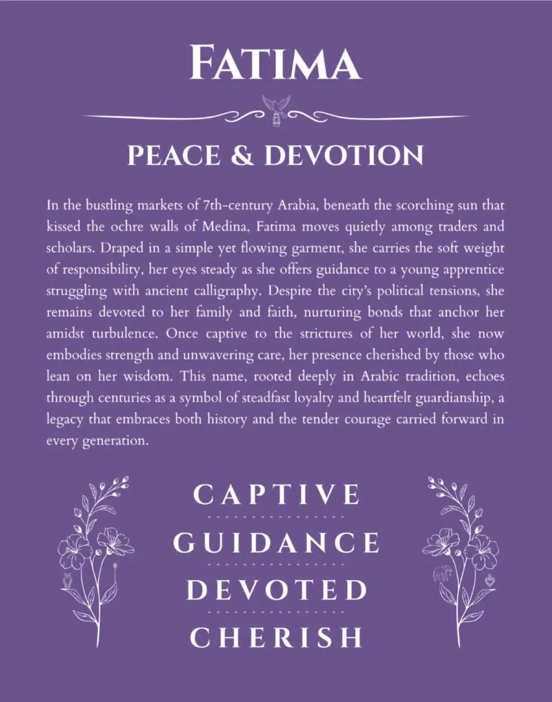 Fatima name origin print with meaning and traits in purple