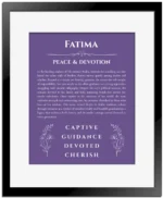 Fatima name origin print with meaning and traits in purple with black matte frame