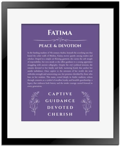 Fatima name origin print with meaning and traits in purple with black matte frame