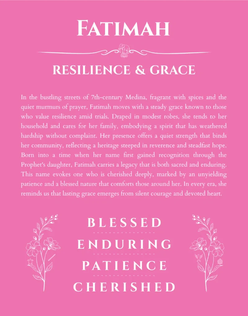 Fatimah name origin print with meaning and traits in pink
