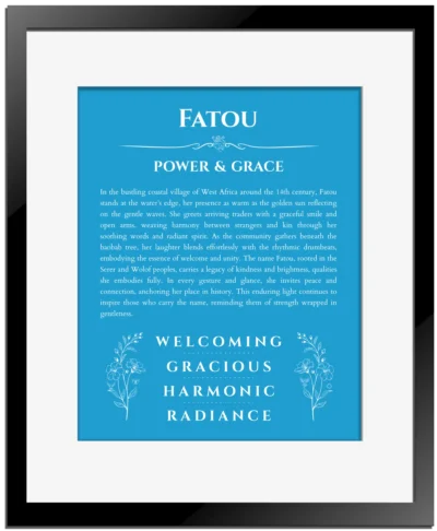 Fatou personalized name print with origin and traits in blue with black matte frame