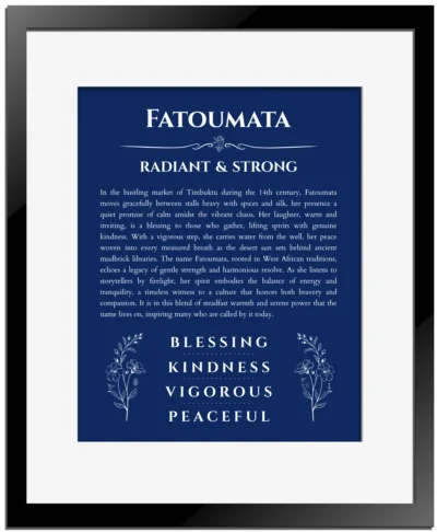 Fatoumata custom name print for wall display in deep blue with black matte frame
