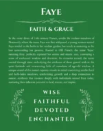 Faye personalized name print with origin and traits in dark green