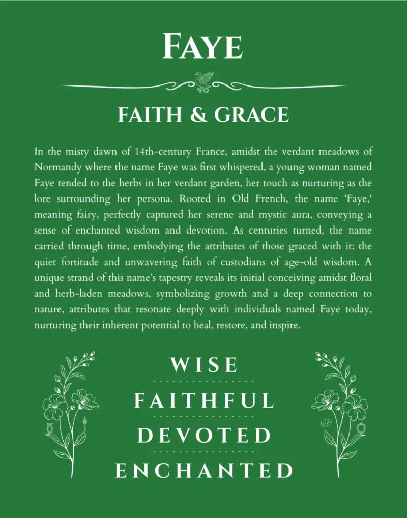 Faye personalized name print with origin and traits in dark green