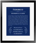 Federico personalized name art with origin story in deep blue with black matte frame