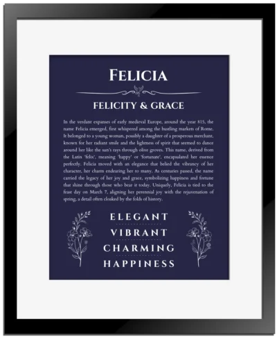 Felicia name meaning gift print in navy blue with black matte frame