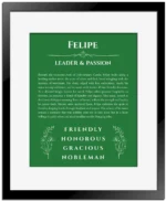 Felipe name meaning wall art by Get Your Story in dark green with black matte frame