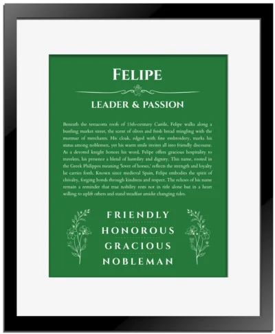 Felipe name meaning wall art by Get Your Story in dark green with black matte frame