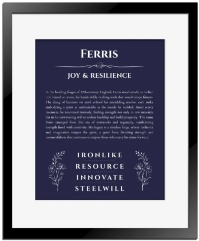 Ferris personalized name meaning print in navy blue with black matte frame