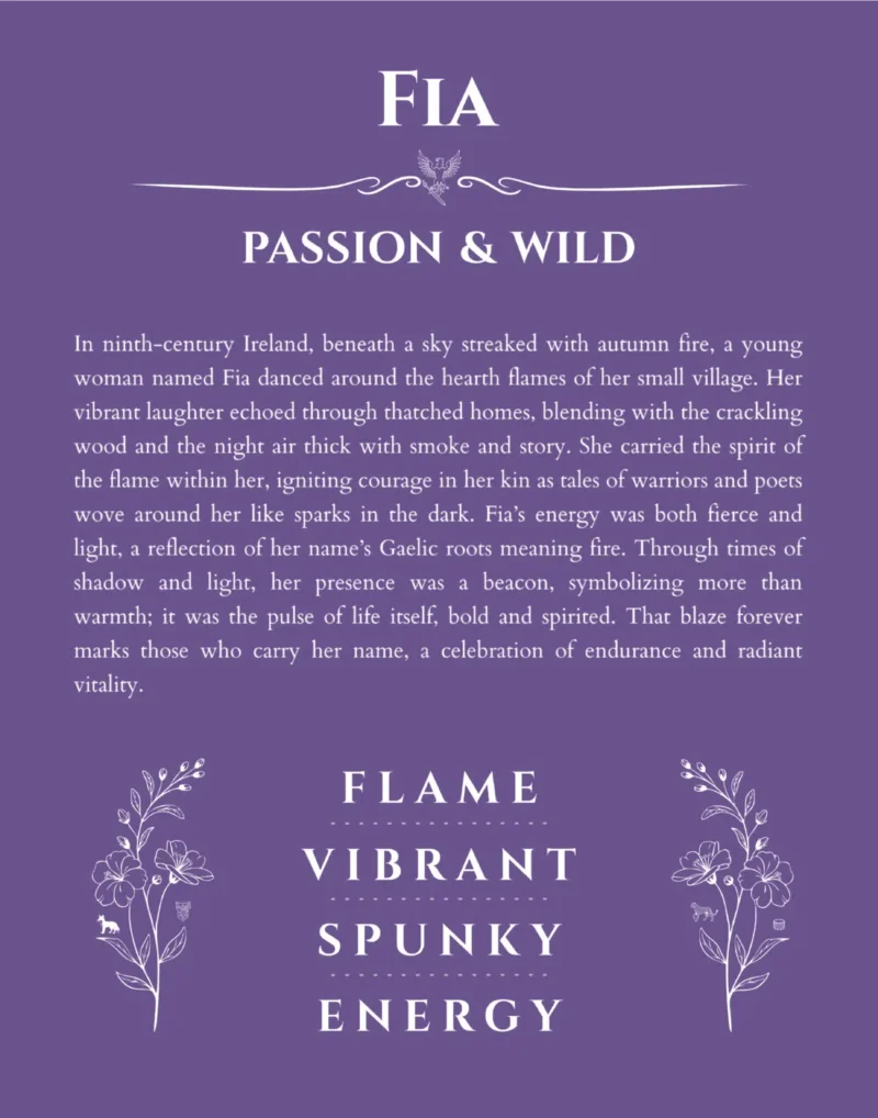Fia personalized name art with origin story in purple