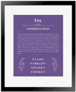 Fia personalized name art with origin story in purple with black matte frame