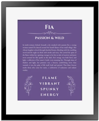 Fia personalized name art with origin story in purple with black matte frame