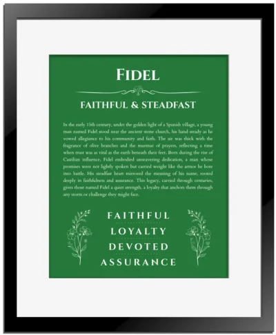 Fidel name meaning gift print in dark green with black matte frame