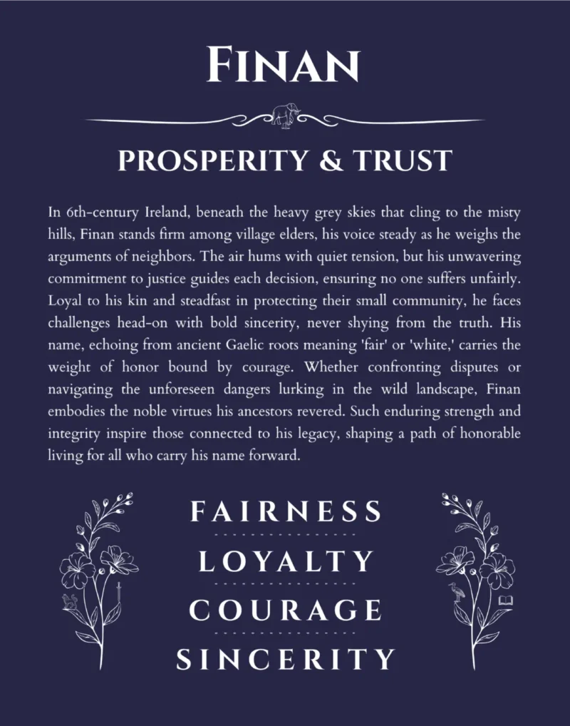 Finan custom name art showing meaning and origin in navy blue