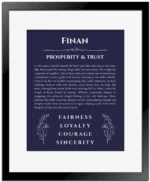 Finan custom name art showing meaning and origin in navy blue with black matte frame