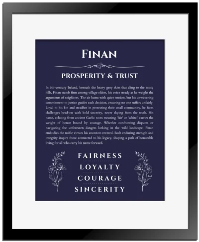 Finan custom name art showing meaning and origin in navy blue with black matte frame