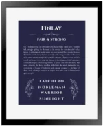 Finlay personalized name meaning print in navy blue with black matte frame