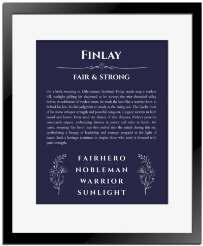 Finlay personalized name meaning print in navy blue with black matte frame
