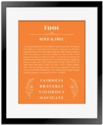 Finn custom name print for wall display in orange with black matte frame