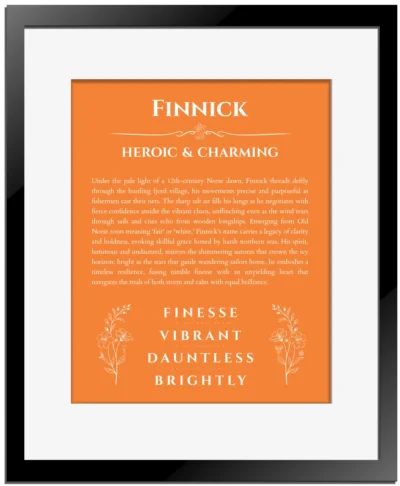 Finnick personalized wall art with the story of your name in orange with black matte frame