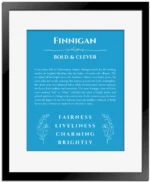 Finnigan personalized wall art with the story of your name in blue with black matte frame
