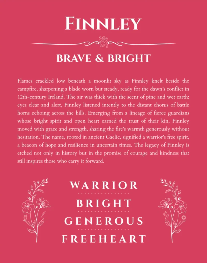 Finnley custom name art showing meaning and origin in red