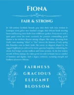 Fiona personalized name print with origin and traits in blue