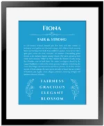 Fiona personalized name print with origin and traits in blue with black matte frame