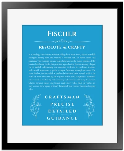 Fischer personalized name meaning print in blue with black matte frame
