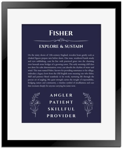Fisher custom name print for wall display in navy blue with black matte frame