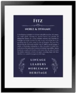 Fitz name origin print with meaning and traits in navy blue with black matte frame