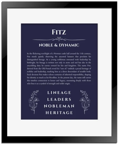 Fitz name origin print with meaning and traits in navy blue with black matte frame